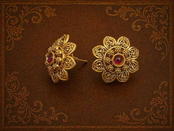 Antique Floral Ruby Stud Earrings – Vintage Gold Finish