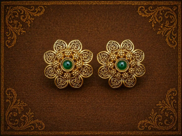 Antique Floral Ruby Stud Earrings – Vintage Gold Finish