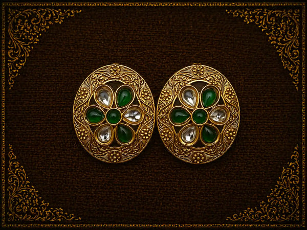 Emerald Kundan Antique Statement Stud Earrings