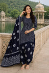 Midnight Navy Cotton Printed Patiala Suit Set with Dupatta