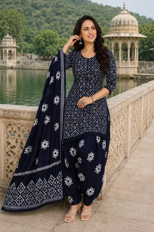 Midnight Navy Cotton Printed Patiala Suit Set with Dupatta