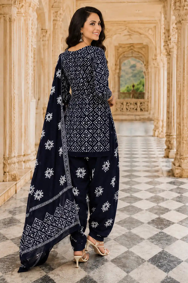Midnight Navy Cotton Printed Patiala Suit Set with Dupatta