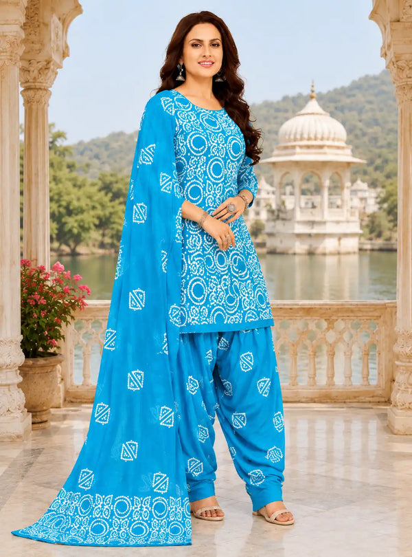 Sky Blue Cotton Printed Patiala Suit Set with Dupatta