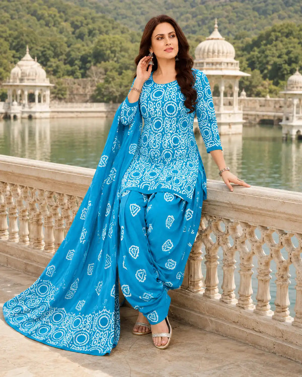 Sky Blue Cotton Printed Patiala Suit Set with Dupatta