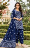 Navy Blue Cotton Printed Patiala Suit Set with Dupatta