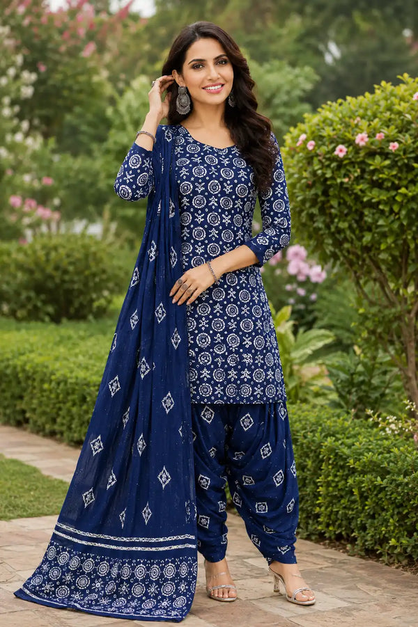 Navy Blue Cotton Printed Patiala Suit Set with Dupatta