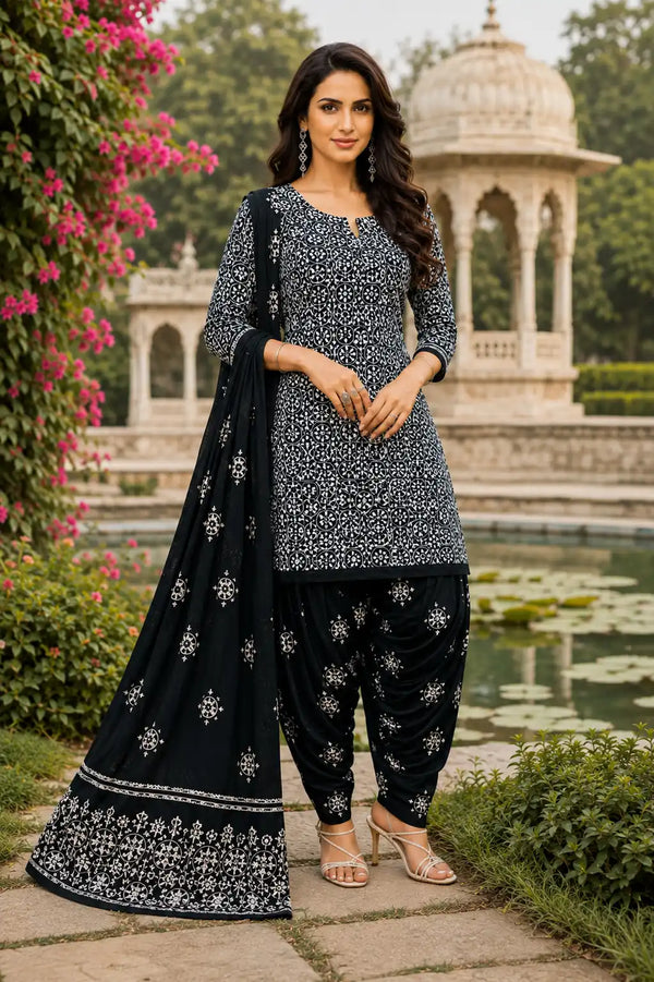 Classic Black Cotton Printed Patiala Suit Set with Dupatta
