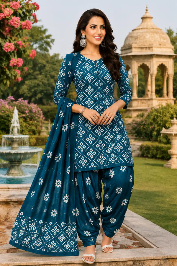 Teal Blue Cotton Printed Patiala Suit Set with Dupatta
