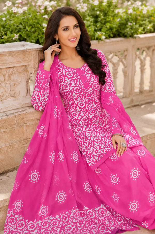 Rani Pink Cotton Printed Patiala Suit Set with Dupatta