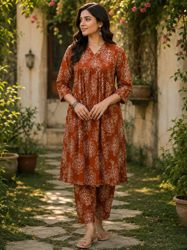 Rust Ethnic Printed Cotton Cord Set