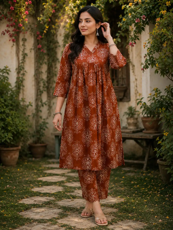 Rust Ethnic Printed Cotton Cord Set