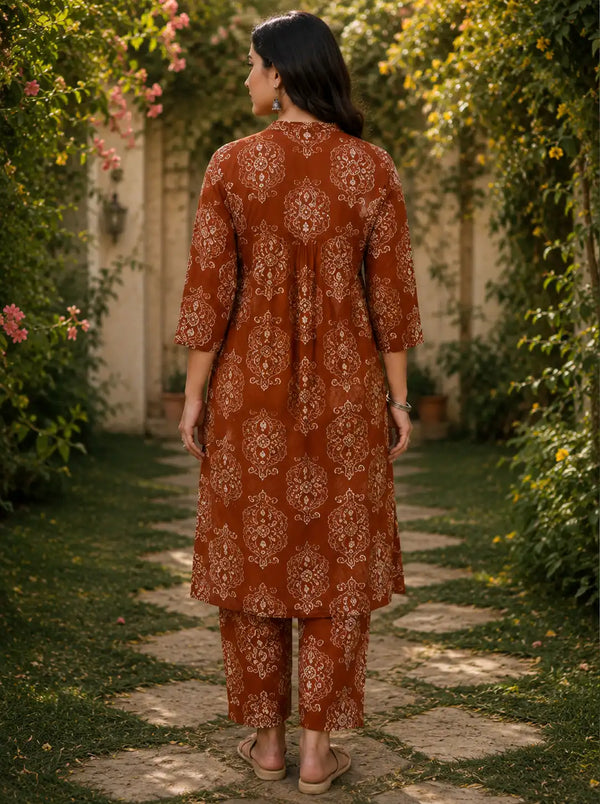 Rust Ethnic Printed Cotton Cord Set