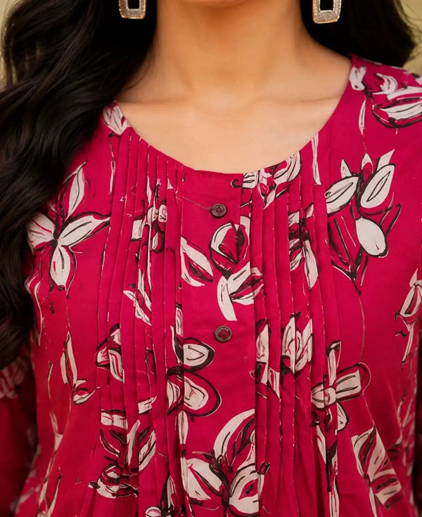 Fuchsia Floral Printed Cotton Cord Set