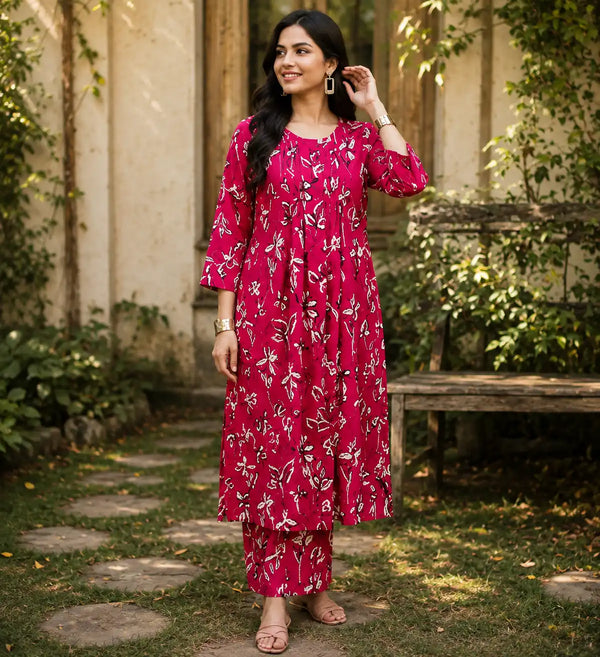 Fuchsia Floral Printed Cotton Cord Set