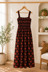 Black Elephant Motifs Cotton Smocked Fit & Flare Dress