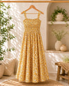 Ziya Mustard Floral Motifs Cotton Smocked Fit & Flare Dress