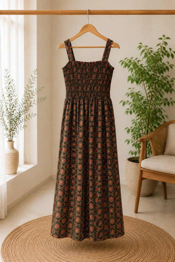 Olive Green Ethnic Motifs Cotton Smocked Fit & Flare Dress