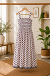 White Floral Motifs Cotton Smocked Fit & Flare Dress