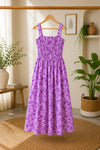 Lavender Floral Motifs Cotton Smocked Fit & Flare Dress