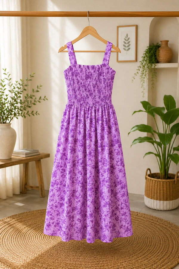 Lavender Floral Motifs Cotton Smocked Fit & Flare Dress