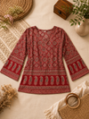 Red Ajrakh Geometric Bell Sleeve Kurti Top
