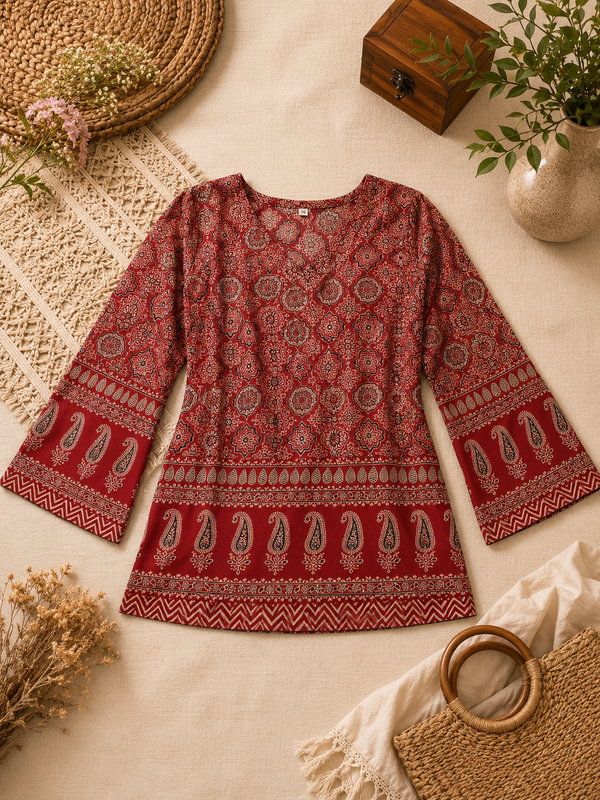 Red Ajrakh Geometric Bell Sleeve Kurti Top