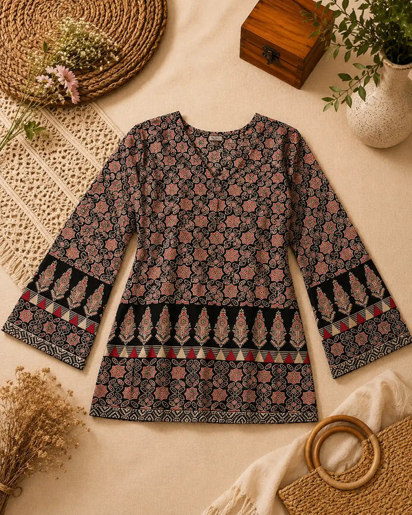 Black Ajrakh Geometric Bell Sleeve Kurti Top