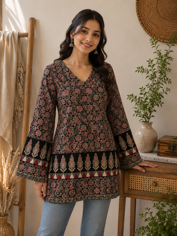 Black Ajrakh Geometric Bell Sleeve Kurti Top