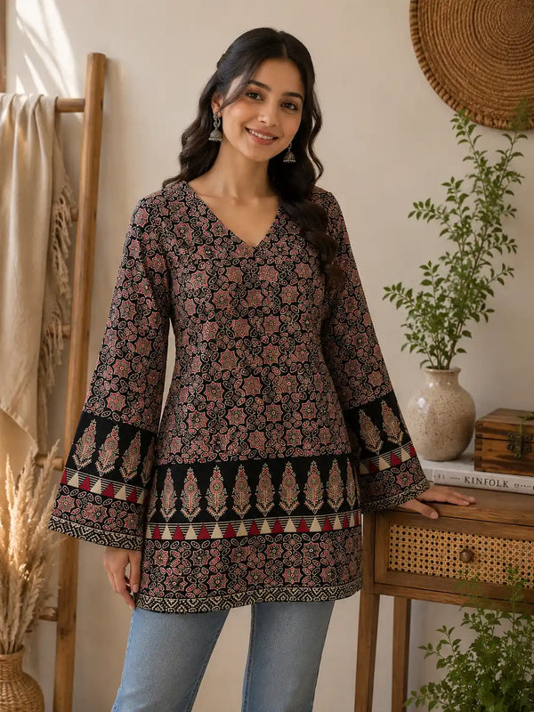 Black Ajrakh Geometric Bell Sleeve Kurti Top