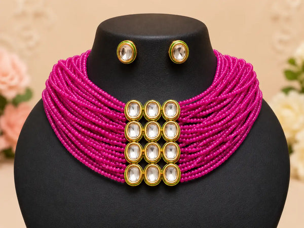 Fuchsia Kundan Beaded Necklace Set