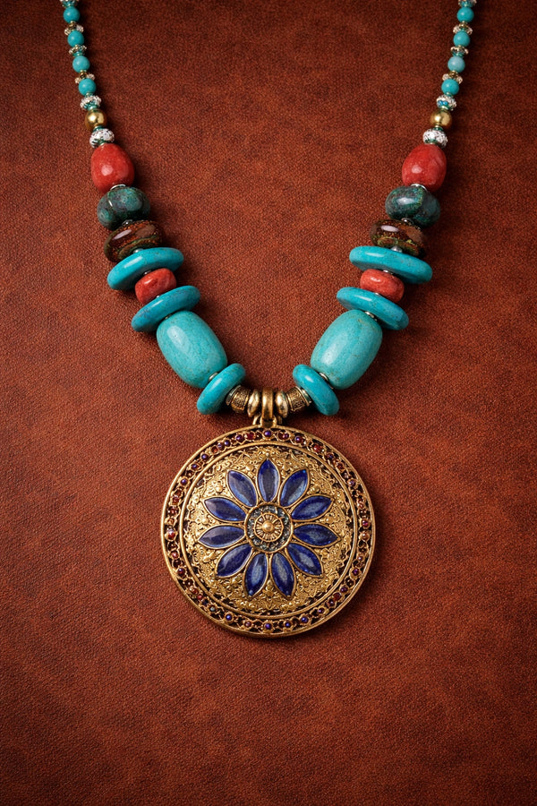 Turquoise Beaded Statement Necklace with Floral Pendant