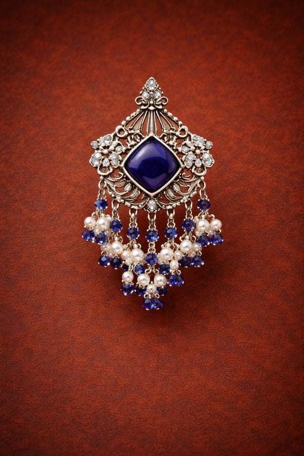 Royal Blue Stone Statement Drop Earrings with Pearl Bead Detailing