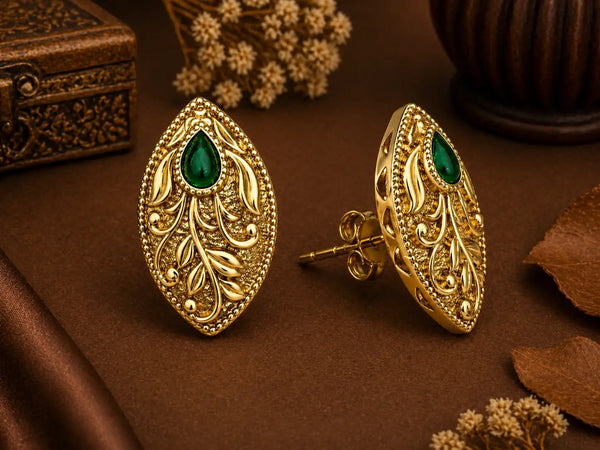 Emerald Leaf Antique Gold Slim Stud Earrings
