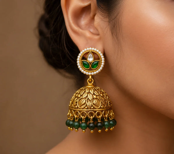 Vihana Emerald Leaf Jhumka Earrings