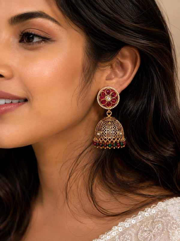 Gulrooh Ruby Pearl Jhumka Earrings