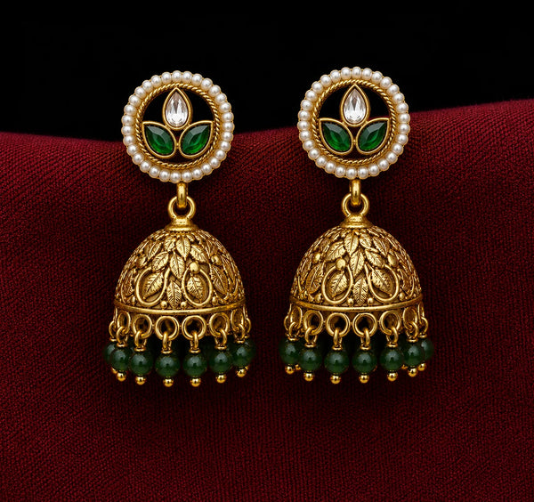 Vihana Emerald Leaf Jhumka Earrings
