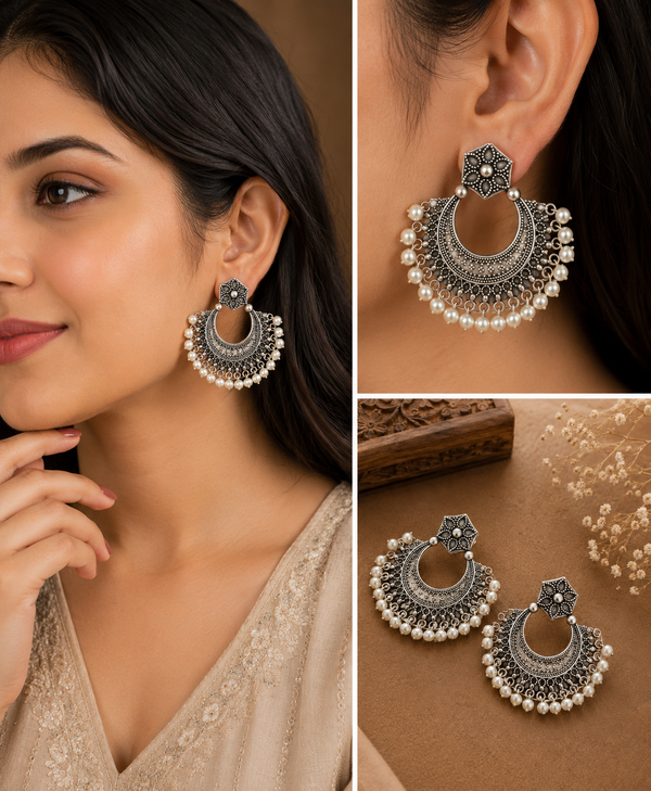 Moonlace Pearl Brass Chandbali Earrings