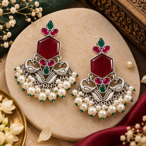 Ruby Red & Green Stone Studded Ethnic Peacock Design Statement Earrings