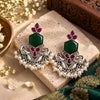 Emerald Green and Ruby Pink Oxidised Peacock Chandbali Earrings