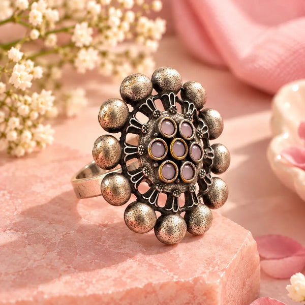 Peachy Pink Tribal Silver Statement Ring with Floral Motif