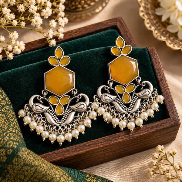 Mustard Yellow Oxidised Silver Tone Peacock Chandbali Earrings