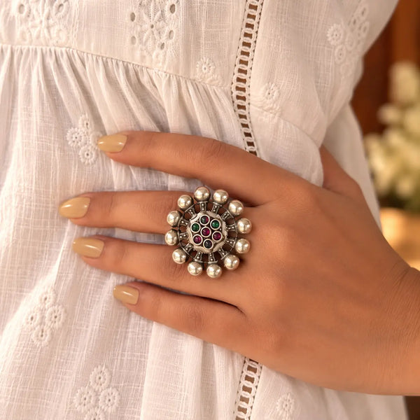 Multi Tribal Silver Statement Ring with Floral Motif