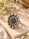 Multi Tribal Silver Statement Ring with Floral Motif