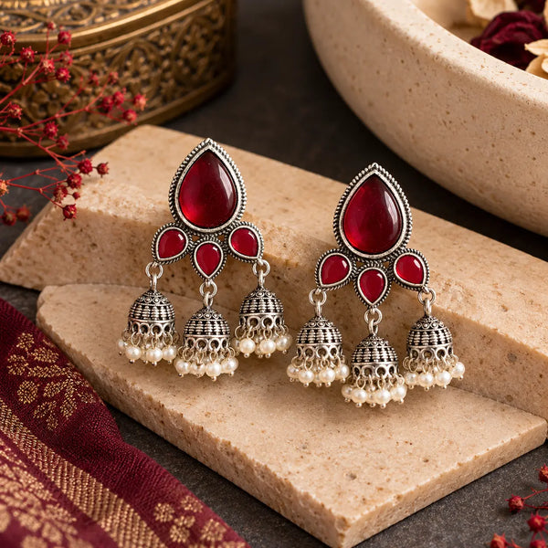Ruby Red Oxidised Triple Jhumka Earrings