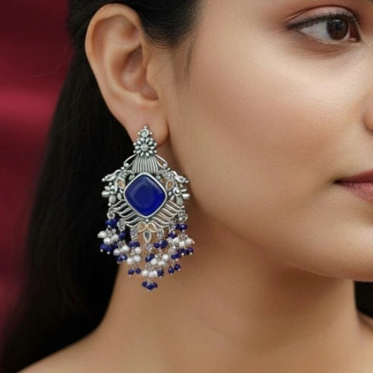 Royal Blue Stone Statement Drop Earrings with Pearl Bead Detailing
