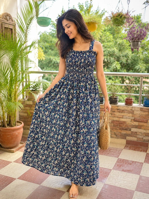 Neera Blue Floral Motifs Cotton Smocked Fit & Flare Dress