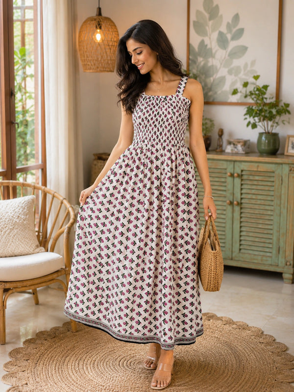 White Floral Motifs Cotton Smocked Fit & Flare Dress