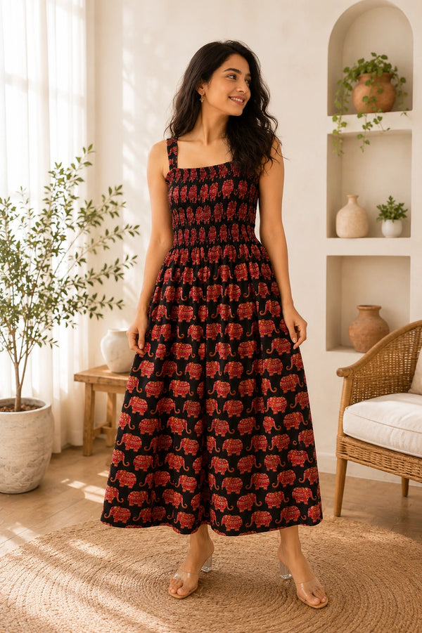 Black Elephant Motifs Cotton Smocked Fit & Flare Dress