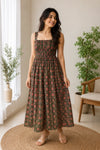 Olive Green Ethnic Motifs Cotton Smocked Fit & Flare Dress